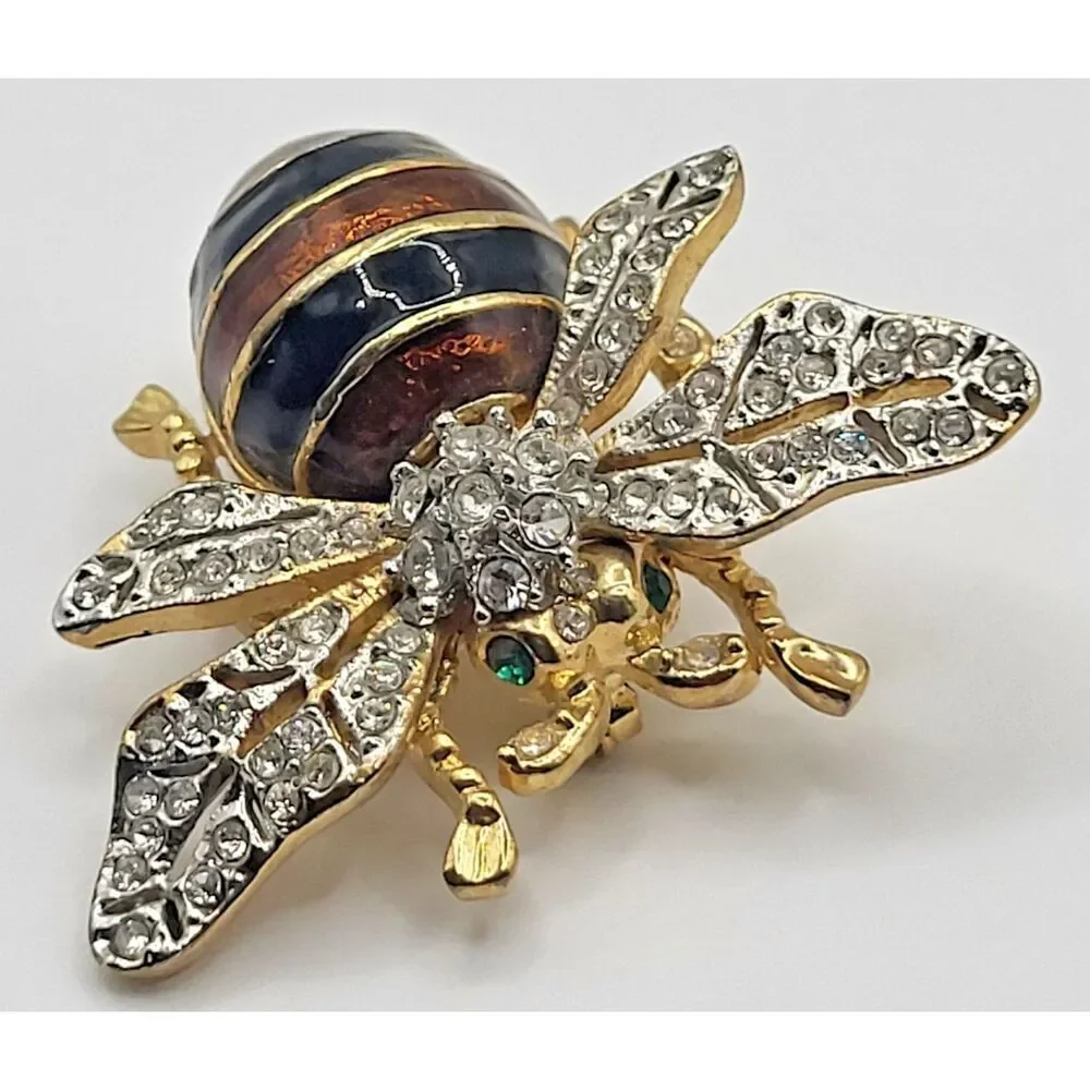 Gold-Plated Bee Brooch Brown Black Enamel Stripes Clear Crystal Rhinestones 1.5